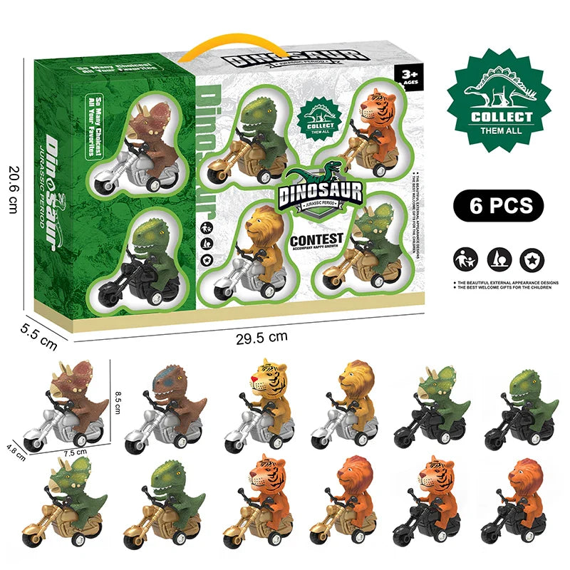 HKM-402323 Pull Back Dinosaurs and Animal Motorcycle Cars - Friction Traffic Toy for Ages 5 and Up