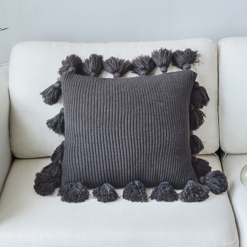 HKM-402515 Solid Color Wool Ball Pillow with Lantern Tassel - 45x45cm, Acrylic Material