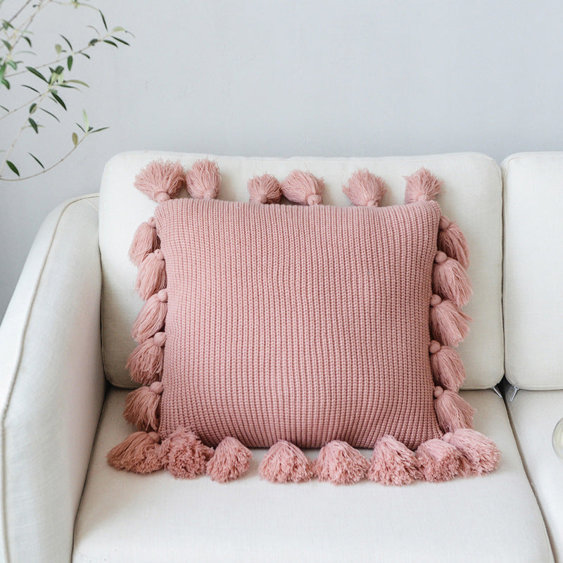 HKM-402515 Solid Color Wool Ball Pillow with Lantern Tassel - 45x45cm, Acrylic Material