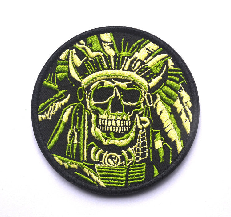 HKM-402899 Minimally Designed Striped Death Skull Embroidered Velcro Badge in Green and Gray