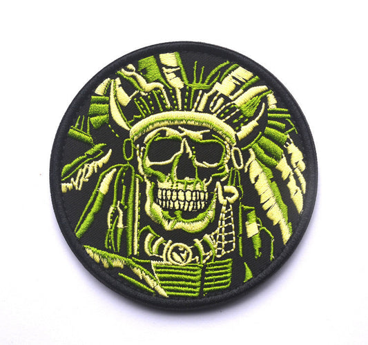 HKM-402899 Minimally Designed Striped Death Skull Embroidered Velcro Badge in Green and Gray