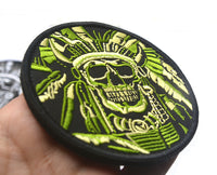 HKM-402899 Minimally Designed Striped Death Skull Embroidered Velcro Badge in Green and Gray
