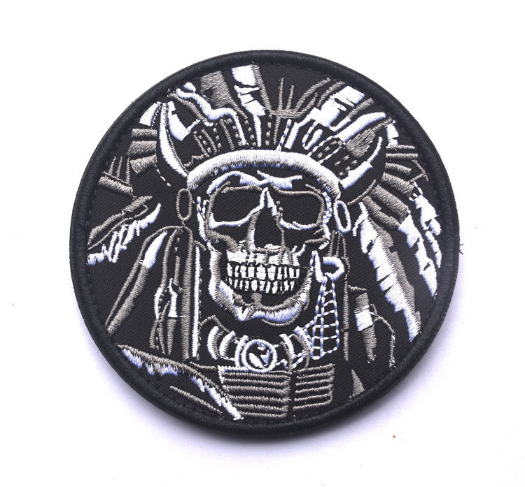 HKM-402899 Minimally Designed Striped Death Skull Embroidered Velcro Badge in Green and Gray