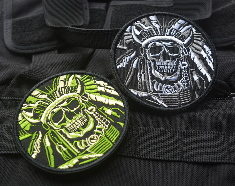 HKM-402899 Minimally Designed Striped Death Skull Embroidered Velcro Badge in Green and Gray