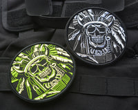 HKM-402899 Minimally Designed Striped Death Skull Embroidered Velcro Badge in Green and Gray
