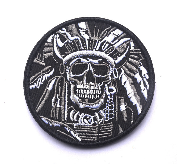 HKM-402899 Minimally Designed Striped Death Skull Embroidered Velcro Badge in Green and Gray
