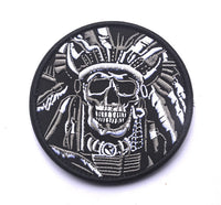 HKM-402899 Minimally Designed Striped Death Skull Embroidered Velcro Badge in Green and Gray