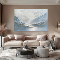 HKM-403155 Abstract Handpainted Oil Painting of Light Blue and White Mountain Lake Scenery on Canvas for Home Decor