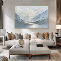 HKM-403155 Abstract Handpainted Oil Painting of Light Blue and White Mountain Lake Scenery on Canvas for Home Decor