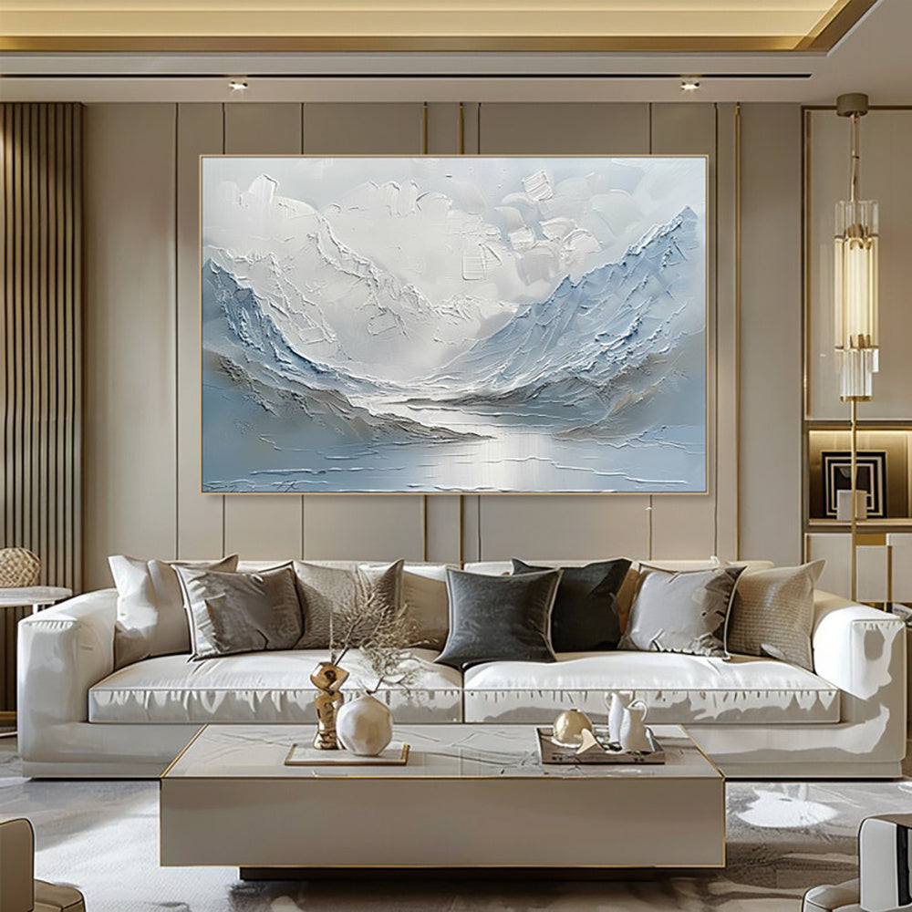 HKM-403155 Abstract Handpainted Oil Painting of Light Blue and White Mountain Lake Scenery on Canvas for Home Decor