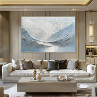 HKM-403155 Abstract Handpainted Oil Painting of Light Blue and White Mountain Lake Scenery on Canvas for Home Decor