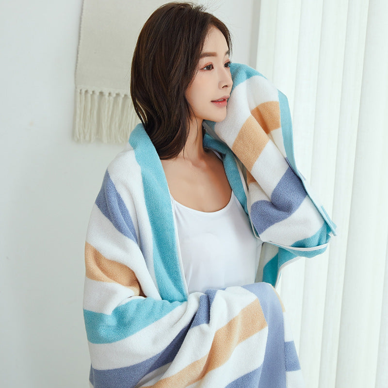 KTX-403795 Large Cotton Bath Towel - Blue and Pink Striped, Absorbent, 90x180 cm