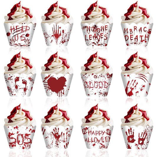 HKM-404179 Horror-Themed Red Hand Paper Cupcake Surrounding Border - 12 Pieces for Halloween Decor