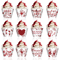 HKM-404179 Horror-Themed Red Hand Paper Cupcake Surrounding Border - 12 Pieces for Halloween Decor
