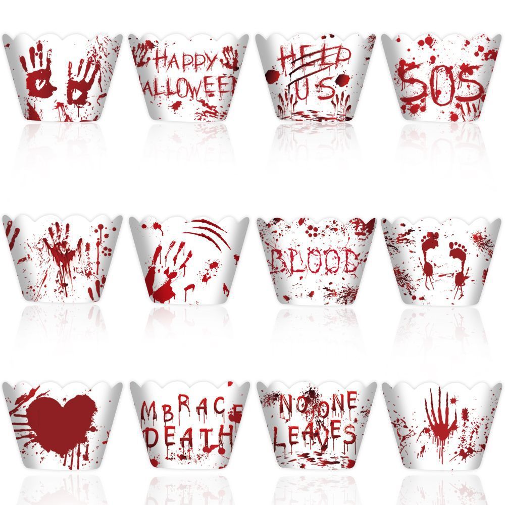 HKM-404179 Horror-Themed Red Hand Paper Cupcake Surrounding Border - 12 Pieces for Halloween Decor