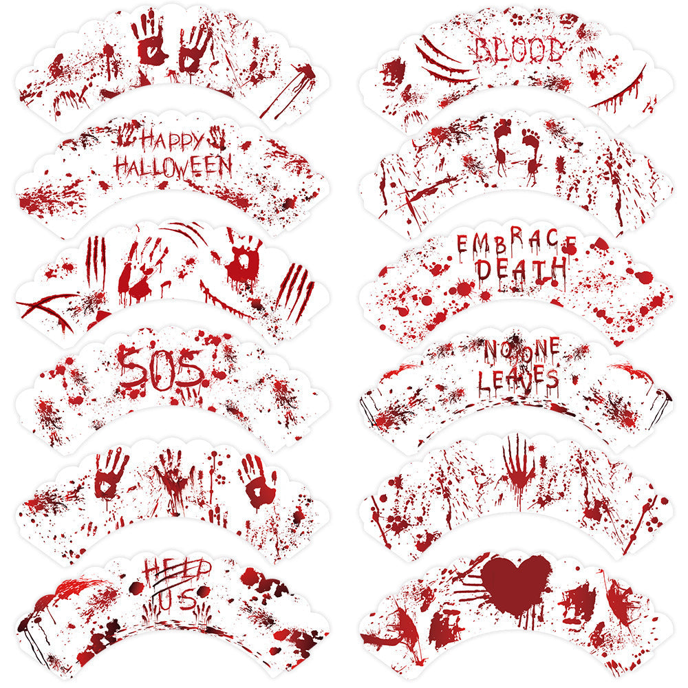 HKM-404179 Horror-Themed Red Hand Paper Cupcake Surrounding Border - 12 Pieces for Halloween Decor