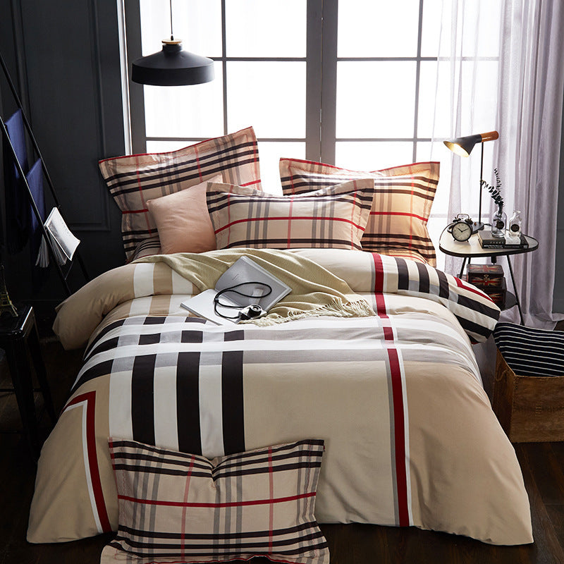 HKM-404371 Cotton Brushed Striped Plaid Four-Piece Set