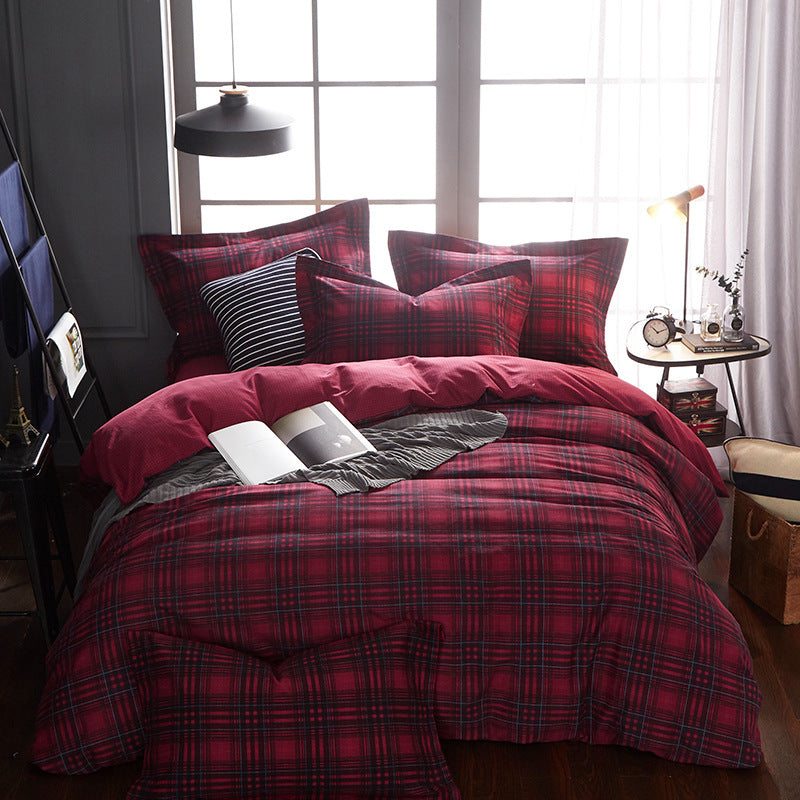 HKM-404371 Cotton Brushed Striped Plaid Four-Piece Set