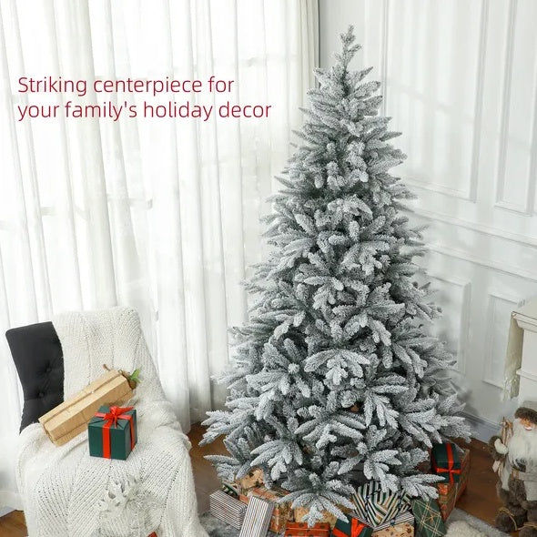 HKM-404499 7 Ft Snow Flocked Artificial Christmas Tree with Metal Stand and 1401 Tips for Holiday Decor