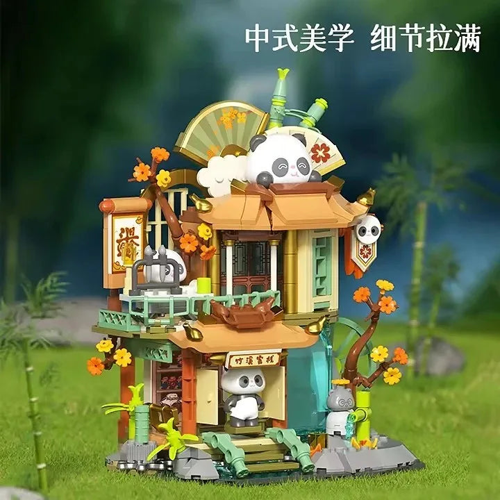 Cute Building Block Set - Panda Bamboo House for Kids Ages 2-14, 50 Pieces in Color Box