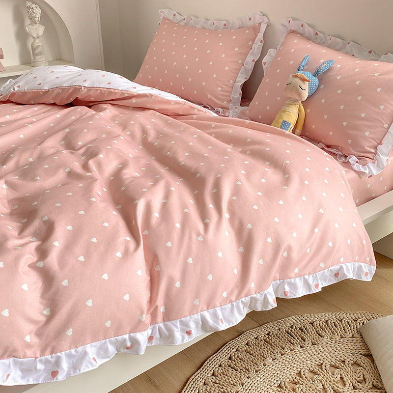 HKM-405203 Princess Style Four-Piece Heart Duvet Cover Set for Girls - Summer Bedding Collection in Various Lace Styles