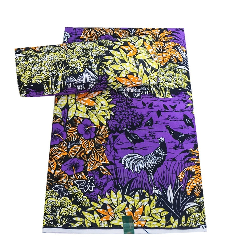 HKM-405203 Vibrant Plant Print African Wax Fabric - 6 Yards of Dutch Batik Fabric for Spring and Summer