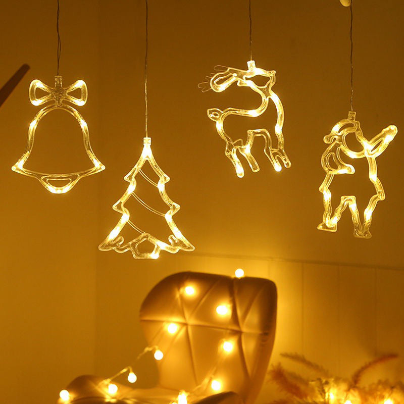 HKM-406291 Battery-Powered Holiday LED Suction Cup Chandelier Lights - Christmas Snowman, Elk, and Star Designs for Window Decor