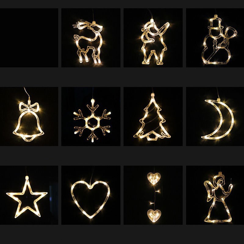 HKM-406291 Battery-Powered Holiday LED Suction Cup Chandelier Lights - Christmas Snowman, Elk, and Star Designs for Window Decor