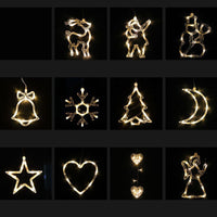 HKM-406291 Battery-Powered Holiday LED Suction Cup Chandelier Lights - Christmas Snowman, Elk, and Star Designs for Window Decor