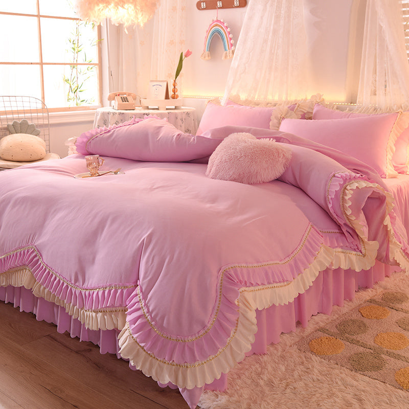 HKM-406355 Light Luxury Nude Four-Piece Lace Bed Sheet Set with Bed Skirt for Double Bed