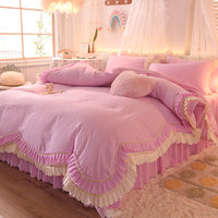 HKM-406355 Light Luxury Nude Four-Piece Lace Bed Sheet Set with Bed Skirt for Double Bed