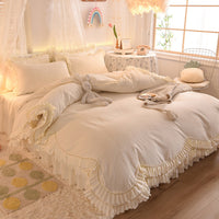 HKM-406355 Light Luxury Nude Four-Piece Lace Bed Sheet Set with Bed Skirt for Double Bed