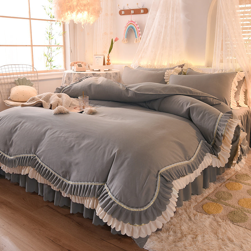 HKM-406355 Light Luxury Nude Four-Piece Lace Bed Sheet Set with Bed Skirt for Double Bed