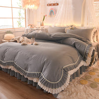 HKM-406355 Light Luxury Nude Four-Piece Lace Bed Sheet Set with Bed Skirt for Double Bed