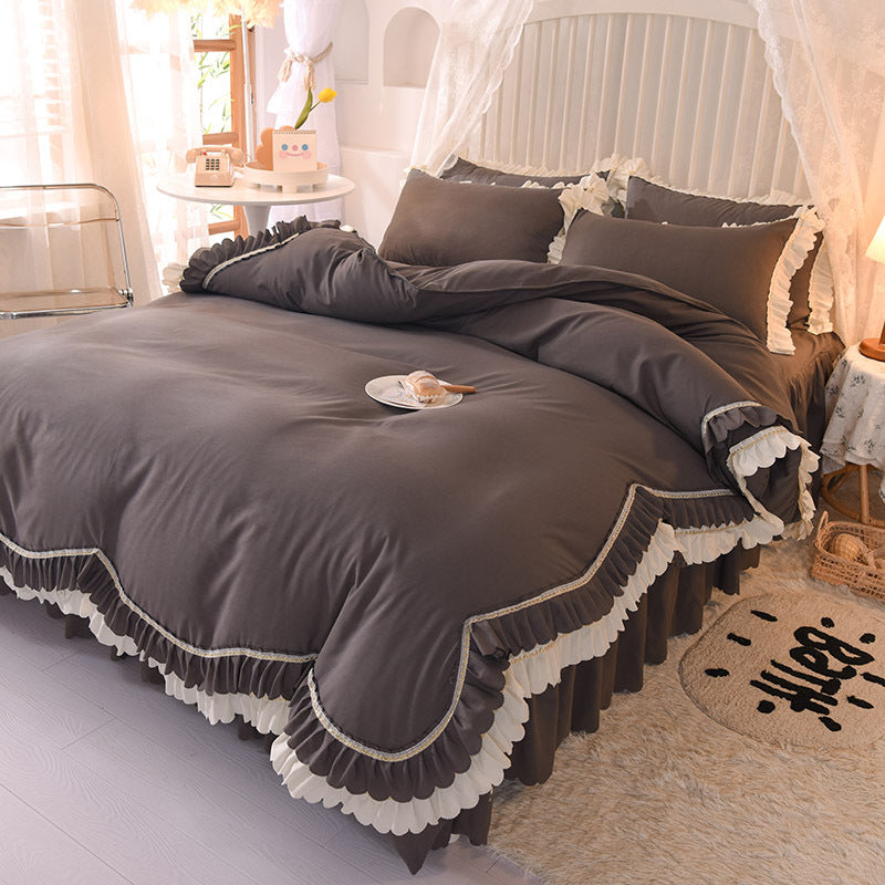 HKM-406355 Light Luxury Nude Four-Piece Lace Bed Sheet Set with Bed Skirt for Double Bed