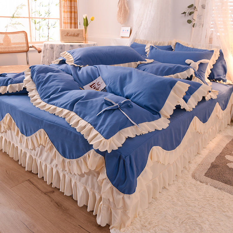 HKM-406355 Light Luxury Nude Four-Piece Lace Bed Sheet Set with Bed Skirt for Double Bed
