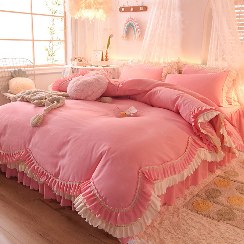HKM-406355 Light Luxury Nude Four-Piece Lace Bed Sheet Set with Bed Skirt for Double Bed