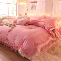 HKM-406355 Light Luxury Nude Four-Piece Lace Bed Sheet Set with Bed Skirt for Double Bed