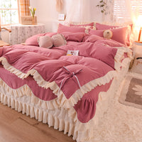 HKM-406355 Light Luxury Nude Four-Piece Lace Bed Sheet Set with Bed Skirt for Double Bed