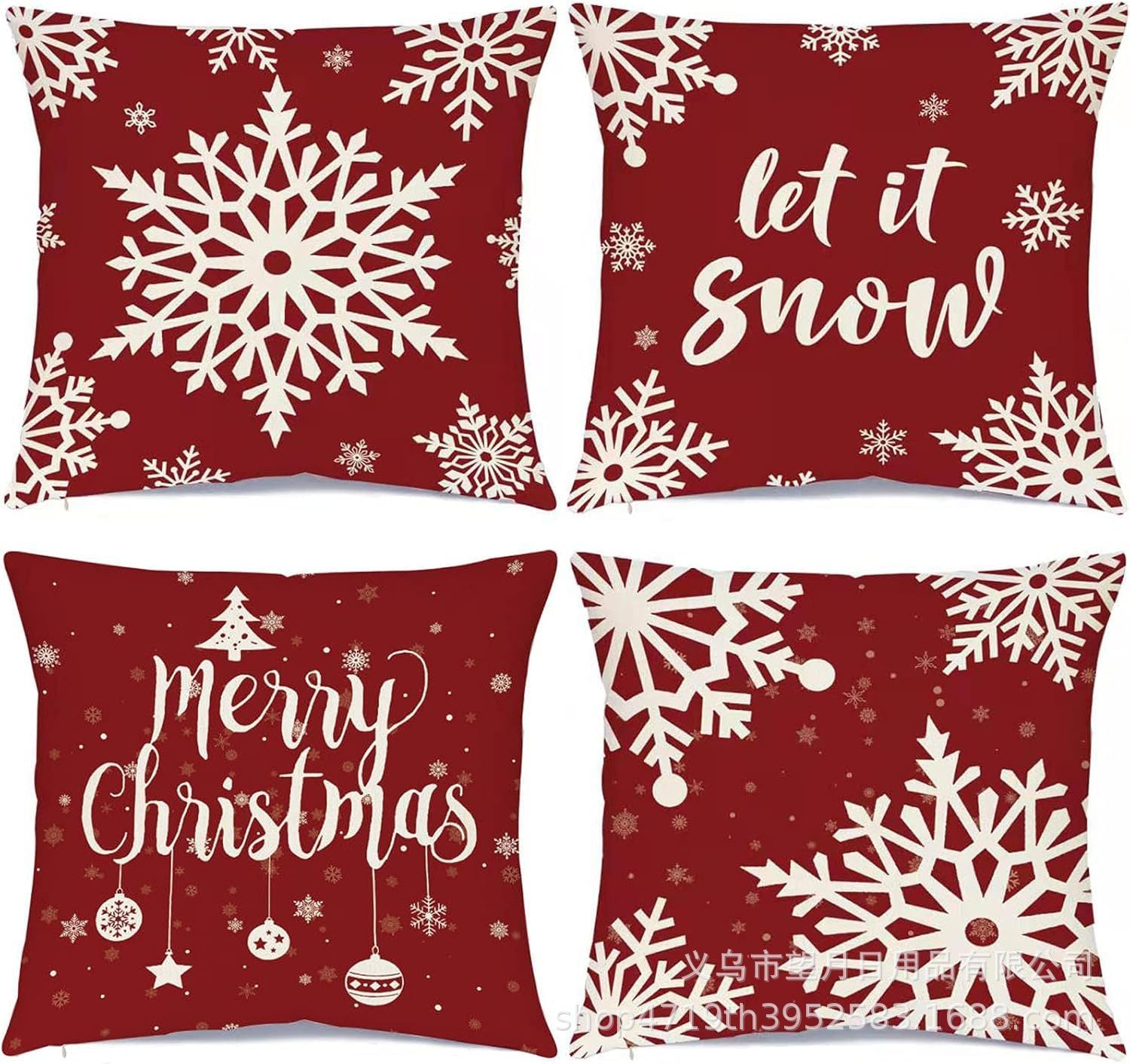 HKM-406483 Winter Holiday Eucalyptus Throw Pillow Covers Set of 4, 18x18 Inch Soft Polyester Cushion Cases for Home Decor