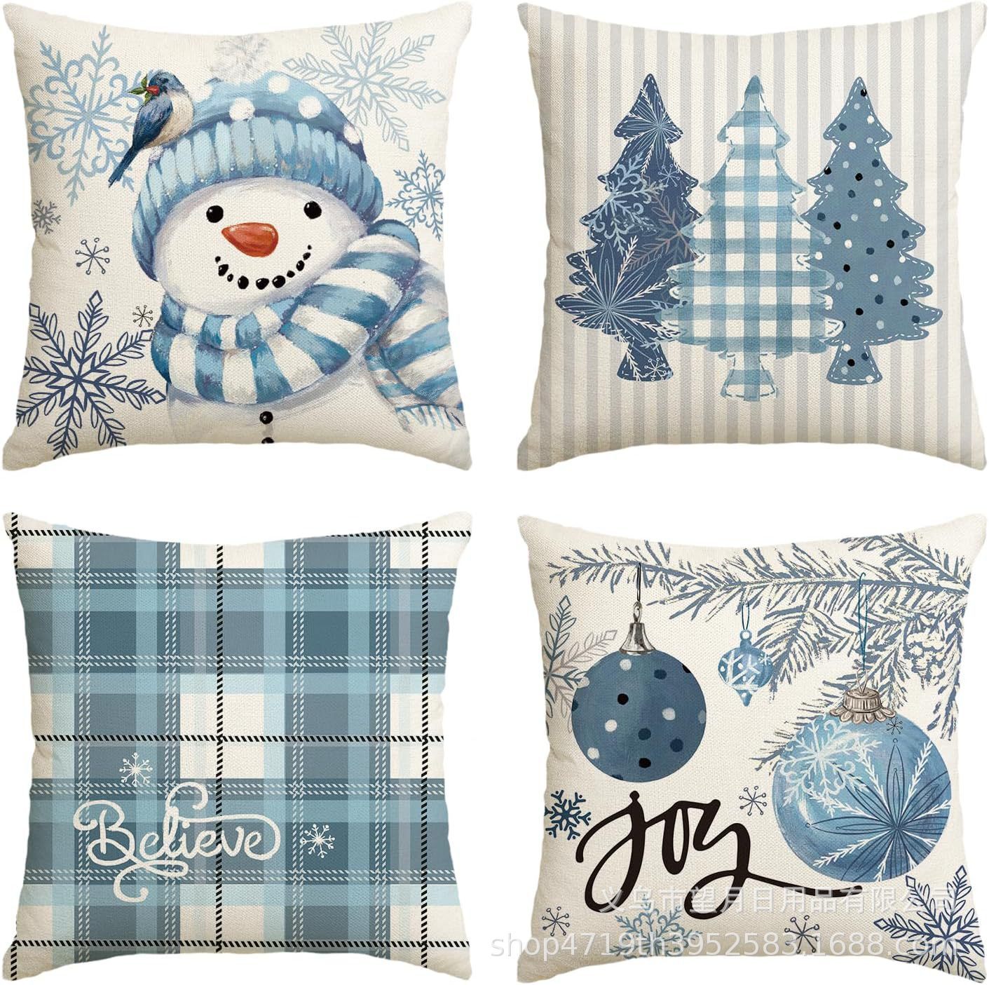 HKM-406483 Winter Holiday Eucalyptus Throw Pillow Covers Set of 4, 18x18 Inch Soft Polyester Cushion Cases for Home Decor