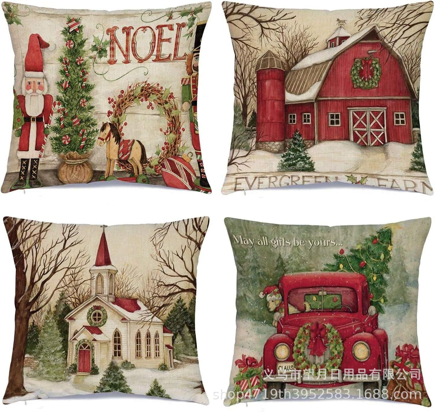 HKM-406483 Winter Holiday Eucalyptus Throw Pillow Covers Set of 4, 18x18 Inch Soft Polyester Cushion Cases for Home Decor