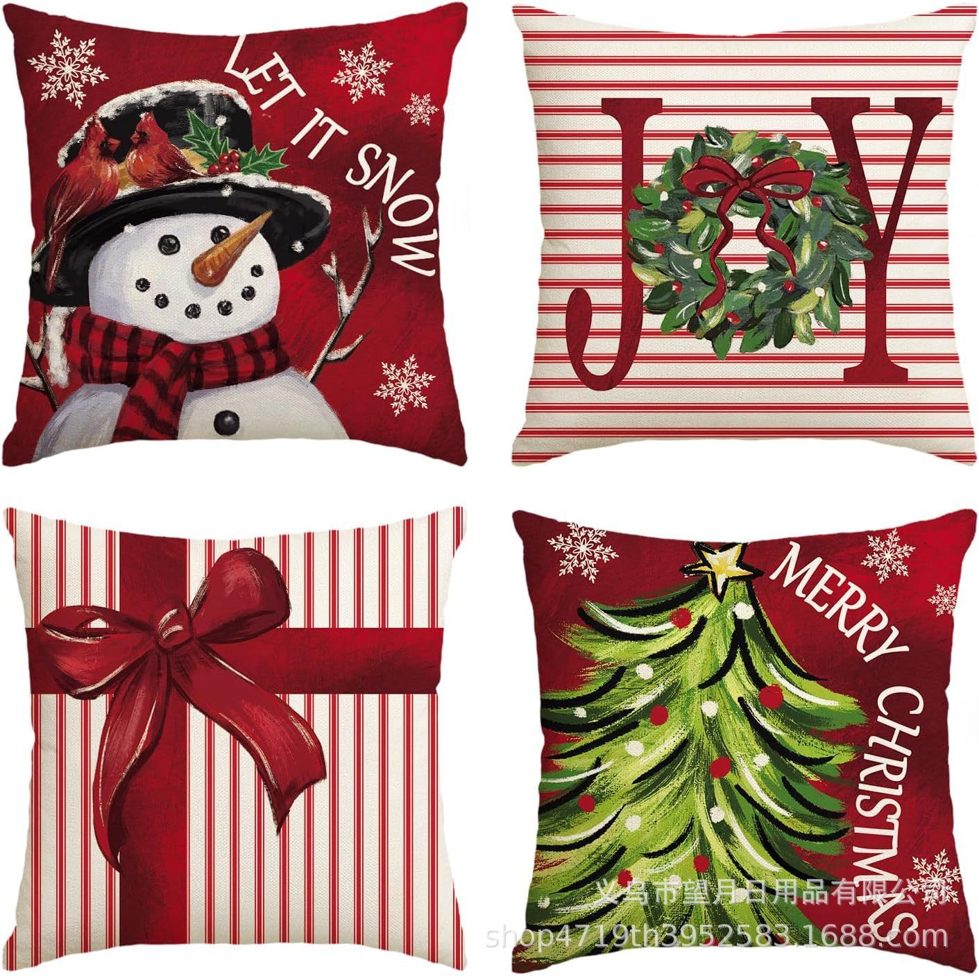 HKM-406483 Winter Holiday Eucalyptus Throw Pillow Covers Set of 4, 18x18 Inch Soft Polyester Cushion Cases for Home Decor
