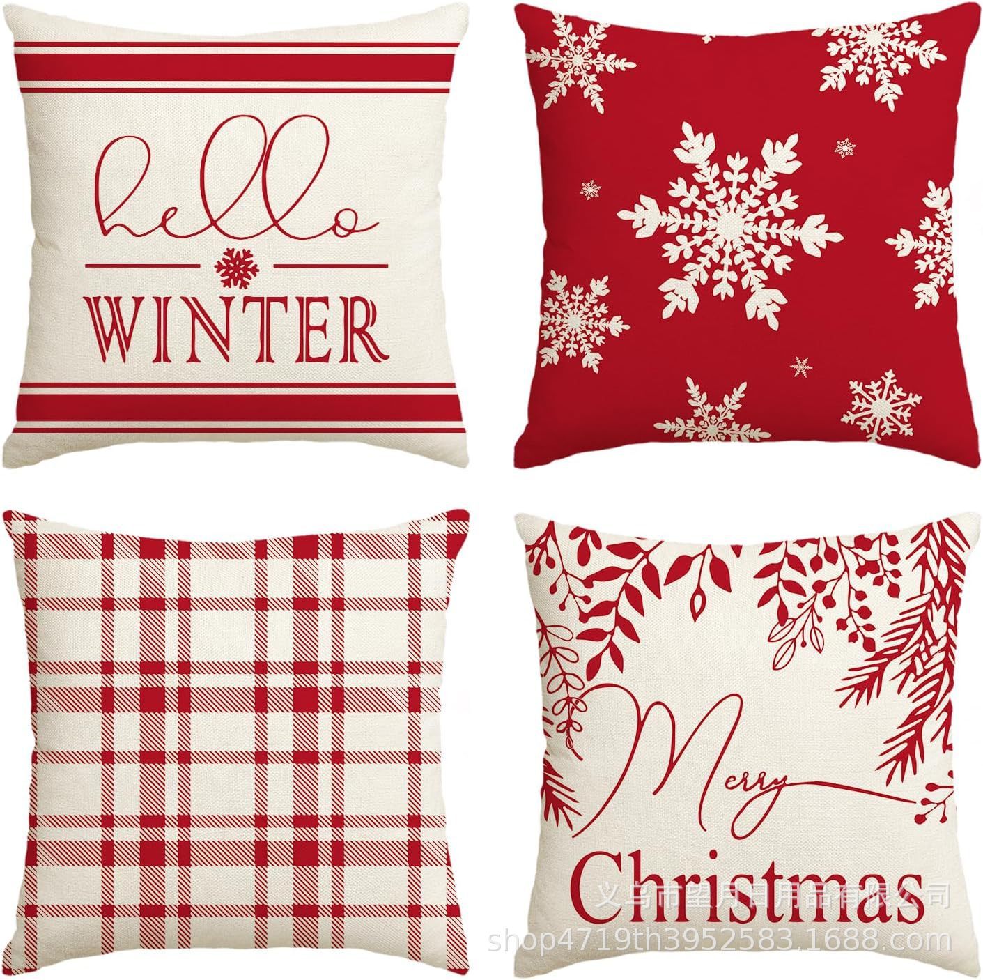 HKM-406483 Winter Holiday Eucalyptus Throw Pillow Covers Set of 4, 18x18 Inch Soft Polyester Cushion Cases for Home Decor