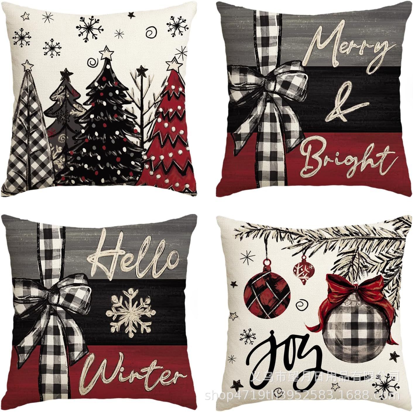 HKM-406483 Winter Holiday Eucalyptus Throw Pillow Covers Set of 4, 18x18 Inch Soft Polyester Cushion Cases for Home Decor