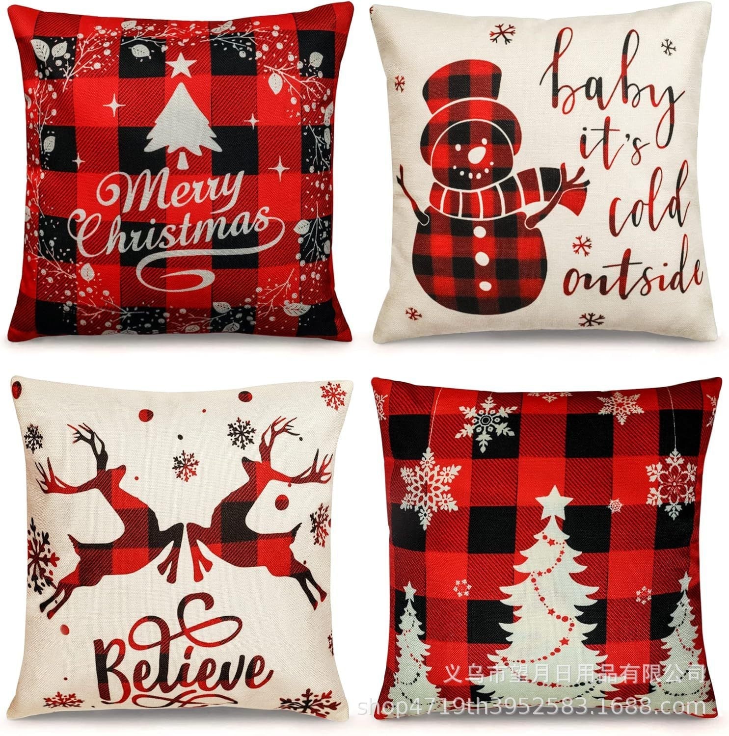 HKM-406483 Winter Holiday Eucalyptus Throw Pillow Covers Set of 4, 18x18 Inch Soft Polyester Cushion Cases for Home Decor