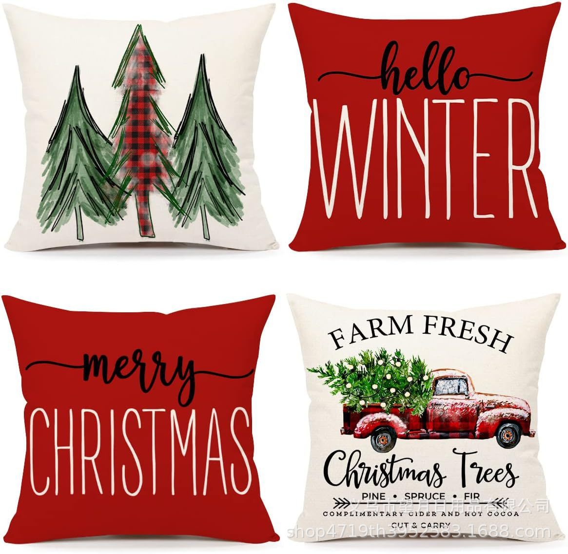 HKM-406483 Winter Holiday Eucalyptus Throw Pillow Covers Set of 4, 18x18 Inch Soft Polyester Cushion Cases for Home Decor