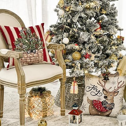 HKM-406483 Winter Holiday Eucalyptus Throw Pillow Covers Set of 4, 18x18 Inch Soft Polyester Cushion Cases for Home Decor