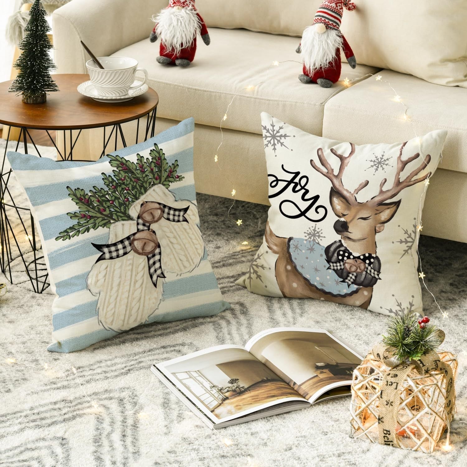 HKM-406483 Winter Holiday Eucalyptus Throw Pillow Covers Set of 4, 18x18 Inch Soft Polyester Cushion Cases for Home Decor