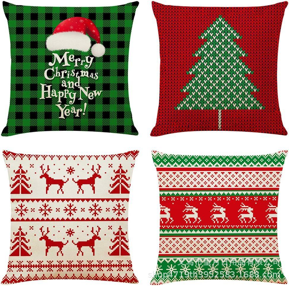 HKM-406483 Winter Holiday Eucalyptus Throw Pillow Covers Set of 4, 18x18 Inch Soft Polyester Cushion Cases for Home Decor